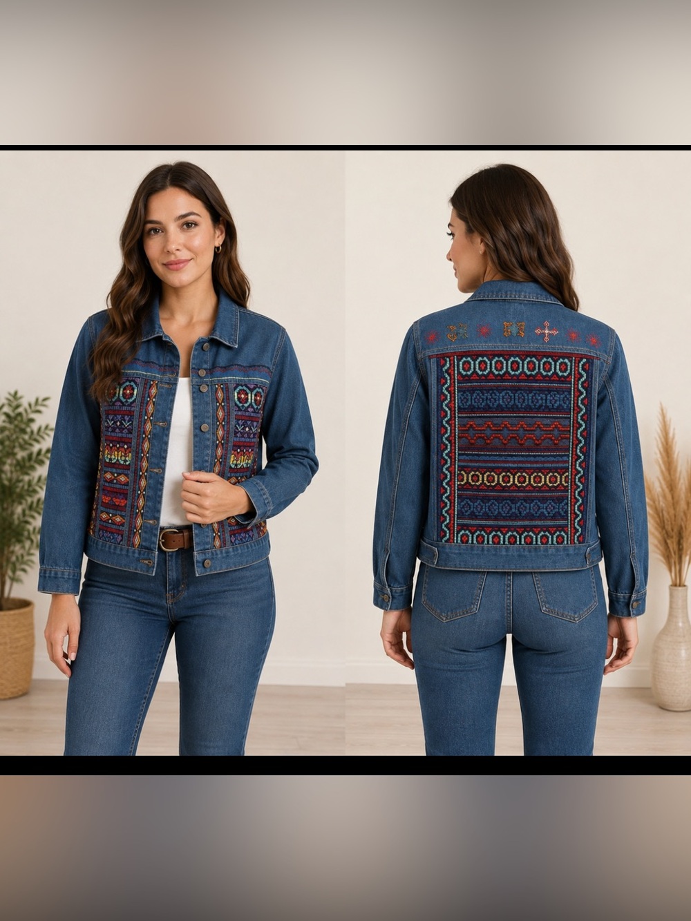 Chico's Blue Denim Jacket with Multicolor Embroidered Panels
